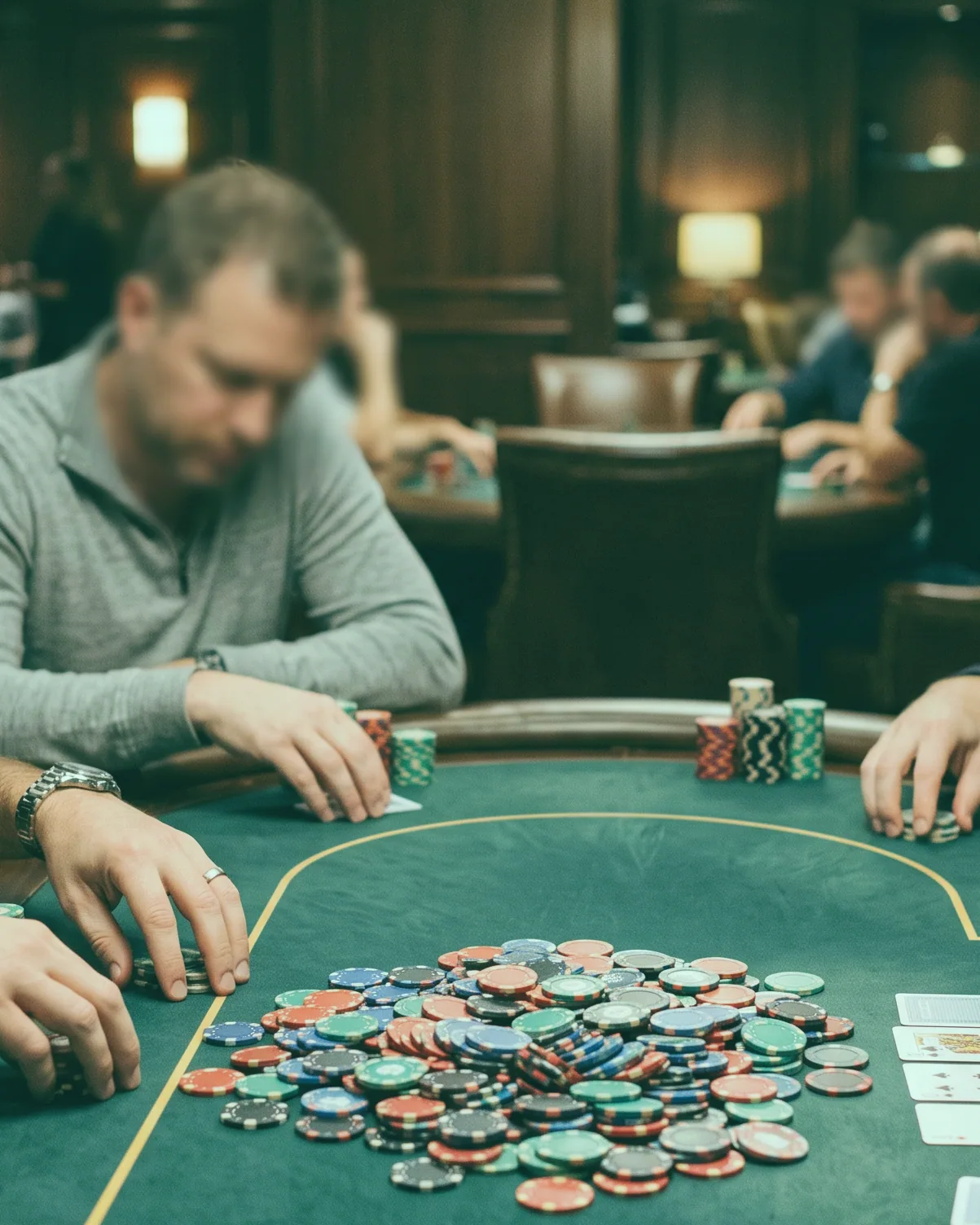 A dealer’s hands fanning a fresh deck across the felt at a Silver Wattles card table